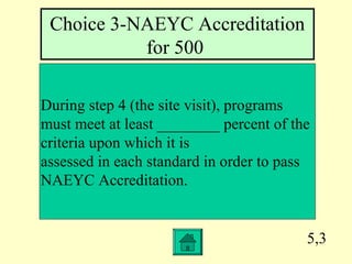 5,3
During step 4 (the site visit), programs
must meet at least ________ percent of the
criteria upon which it is
assessed in each standard in order to pass
NAEYC Accreditation.
Choice 3-NAEYC Accreditation
for 500
 