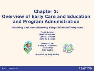 Chapter 1:
Overview of Early Care and Education
and Program Administration
Planning and Administering Early Childhood Programs
Tenth Edition
Nancy Freeman
Celia A. Decker
John R. Decker
Prepared by:
Nancy K. Freeman
Tere Holmes
Kris Curtis
Adapted by Katy Kelley
 