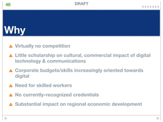 46                              DRAFT




Why
     Virtually no competition
     Little scholarship on cultural, commercial impact of digital
     technology & communications
     Corporate budgets/skills increasingly oriented towards
     digital
     Need for skilled workers
     No currently-recognized credentials
     Substantial impact on regional economic development
 