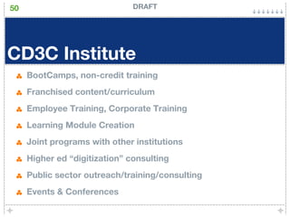 50                             DRAFT




CD3C Institute
     BootCamps, non-credit training
     Franchised content/curriculum
     Employee Training, Corporate Training
     Learning Module Creation
     Joint programs with other institutions
     Higher ed “digitization” consulting
     Public sector outreach/training/consulting
     Events & Conferences
 