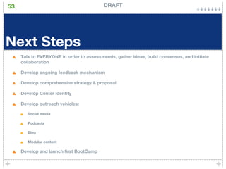 53                                        DRAFT




Next Steps
     Talk to EVERYONE in order to assess needs, gather ideas, build consensus, and initiate
     collaboration

     Develop ongoing feedback mechanism

     Develop comprehensive strategy & proposal

     Develop Center identity

     Develop outreach vehicles:

        Social media

        Podcasts

        Blog

        Modular content

     Develop and launch first BootCamp
 