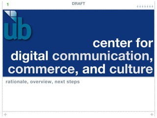 1                          DRAFT




            center for
digital communication,
commerce, and culture
rationale, overview, next steps
 