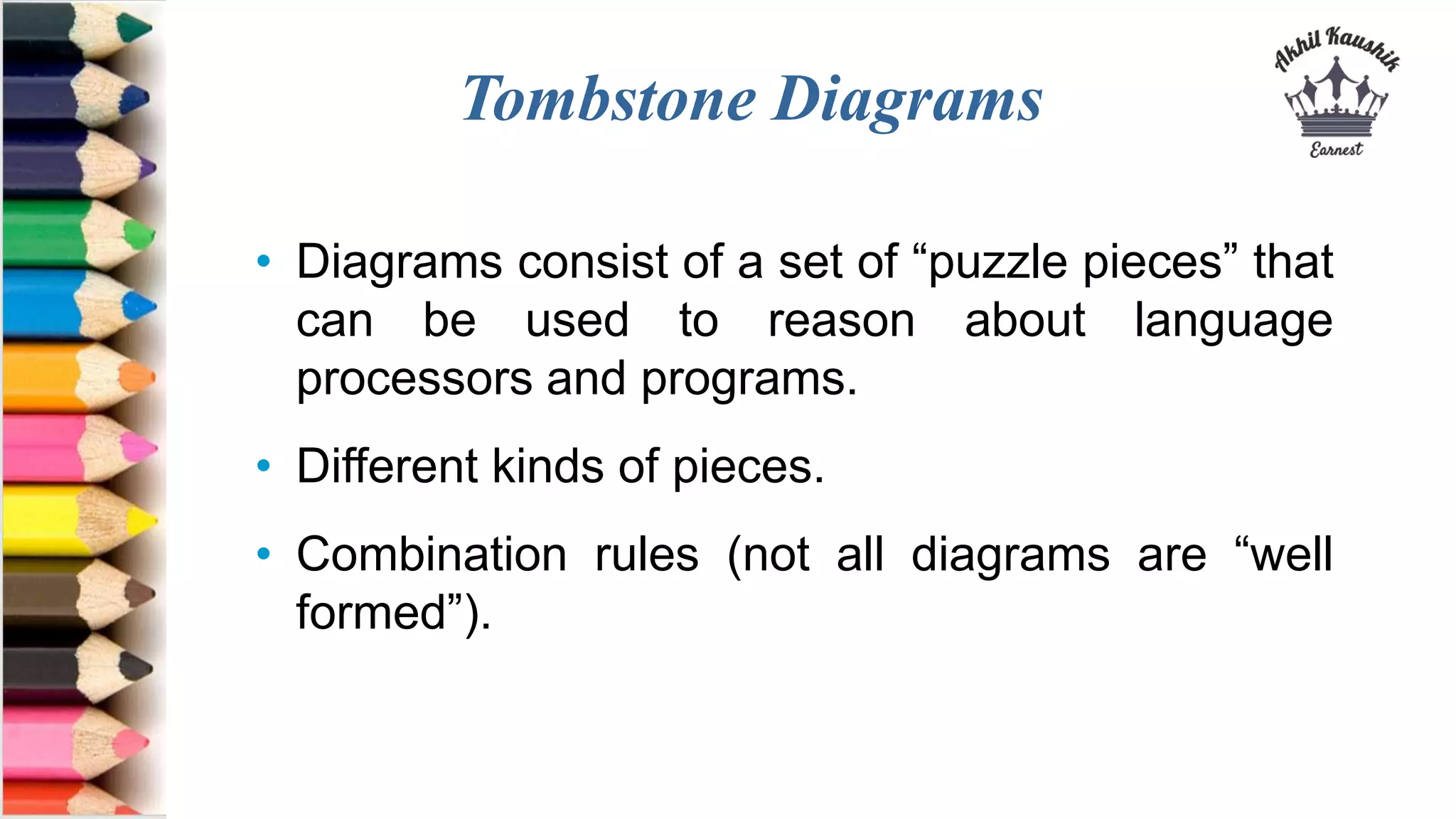 Tombstone Diagrams
• Diagrams consist of a set of “puzzle pieces” that
can be used to reason about language
processors and programs.
• Different kinds of pieces.
• Combination rules (not all diagrams are “well
formed”).
 