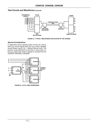 12
Special Considerations
In applications where separate power sources are used to
drive VDD and the signal inputs, the VDD current capability
should exceed VDD/RL (RL = effective external load). This
provision avoids permanent current ﬂow or clamp action on
the VDD supply when power is applied or removed from the
CD4051B, CD4052B or CD4053B.
FIGURE 23. TYPICAL TIME-DIVISION APPLICATION OF THE CD4052B
Test Circuits and Waveforms (Continued)
COMMUNICATIONS
LINK
DIFF.
AMPLIFIER/
LINE DRIVER
DIFF.
RECEIVER
DEMULTIPLEXINGDIFF.
MULTIPLEXING
DIFFERENTIAL
SIGNALS
CD4052
CD4052
FIGURE 24. 24-TO-1 MUX ADDRESSING
A
B
E
1/2
CD4556
A
B
C
CD4051B
INH
A
B
C
CD4051B
INH
A
B
C
CD4051B
INH
A
B
C
D
E
Q0
Q1
Q2
COMMON
OUTPUT
CD4051B, CD4052B, CD4053B
 