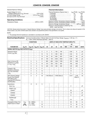 5
Absolute Maximum Ratings Thermal Information
Supply Voltage (V+ to V-)
Voltages Referenced to VSS Terminal . . . . . . . . . . . -0.5V to 20V
DC Input Voltage Range . . . . . . . . . . . . . . . . . . -0.5V to VDD +0.5V
DC Input Current, Any One Input. . . . . . . . . . . . . . . . . . . . . . ±10mA
Operating Conditions
Temperature Range . . . . . . . . . . . . . . . . . . . . . . . . . -55oC to 125oC
Thermal Resistance (Typical, Note 1) θJA (oC/W) θJC (oC/W)
E Package . . . . . . . . . . . . . . . . . . . . . . 67 N/A
F Package . . . . . . . . . . . . . . . . . . . . . . 115 45
D Package . . . . . . . . . . . . . . . . . . . . . . 73 N/A
NS Package . . . . . . . . . . . . . . . . . . . . . 64 N/A
PW Package. . . . . . . . . . . . . . . . . . . . . 108 N/A
Maximum Junction Temperature (Ceramic Package) . . . . . . . . .175oC
Maximum Junction Temperature (Plastic Package) . . . . . . . .150oC
Maximum Storage Temperature Range. . . . . . . . . . -65oC to 150oC
Maximum Lead Temperature (Soldering 10s) . . . . . . . . . . . . .265oC
(SOIC - Lead Tips Only)
CAUTION: Stresses above those listed in “Absolute Maximum Ratings” may cause permanent damage to the device. This is a stress only rating and operation of the
device at these or any other conditions above those indicated in the operational sections of this speciﬁcation is not implied.
NOTE:
1. The package thermal impedance is calculated in accordance with JESD51.
Electrical Speciﬁcations Common Conditions Here: If Whole Table is For the Full Temp. Range, VSUPPLY = ±5V, AV = +1,
RL = 100Ω, Unless Otherwise Speciﬁed (Note 3)
PARAMETER
CONDITIONS LIMITS AT INDICATED TEMPERATURES (oC)
UNITSVIS (V) VEE (V) VSS (V) VDD (V) -55 -40 85 125
25
MIN TYP MAX
SIGNAL INPUTS (VIS) AND OUTPUTS (VOS)
Quiescent Device
Current, IDD Max
- - - 5 5 5 150 150 - 0.04 5 µA
- - - 10 10 10 300 300 - 0.04 10 µA
- - - 15 20 20 600 600 - 0.04 20 µA
- - - 20 100 100 3000 3000 - 0.08 100 µA
Drain to Source ON
Resistance rON Max
0 ≤ VIS ≤ VDD
- 0 0 5 800 850 1200 1300 - 470 1050 Ω
- 0 0 10 310 330 520 550 - 180 400 Ω
- 0 0 15 200 210 300 320 - 125 240 Ω
Change in ON
Resistance (Between
Any Two Channels),
∆rON
- 0 0 5 - - - - - 15 - Ω
- 0 0 10 - - - - - 10 - Ω
- 0 0 15 - - - - - 5 - Ω
OFF Channel Leakage
Current: Any Channel
OFF (Max) or ALL
Channels OFF (Common
OUT/IN) (Max)
- 0 0 18 ±100 (Note 2) ±1000 (Note 2) - ±0.01 ±100
(Note 2)
nA
Capacitance: - -5 5- 5
Input, CIS - - - - - 5 - pF
Output, COS
CD4051 - - - - - 30 - pF
CD4052 - - - - - 18 - pF
CD4053 - - - - - 9 - pF
Feedthrough
CIOS - - - - - 0.2 - pF
Propagation Delay Time
(Signal Input to Output
VDD RL = 200kΩ,
CL = 50pF,
tr, tf = 20ns
5 - - - - - 30 60 ns
10 - - - - - 15 30 ns
15 - - - - - 10 20 ns
CD4051B, CD4052B, CD4053B
 