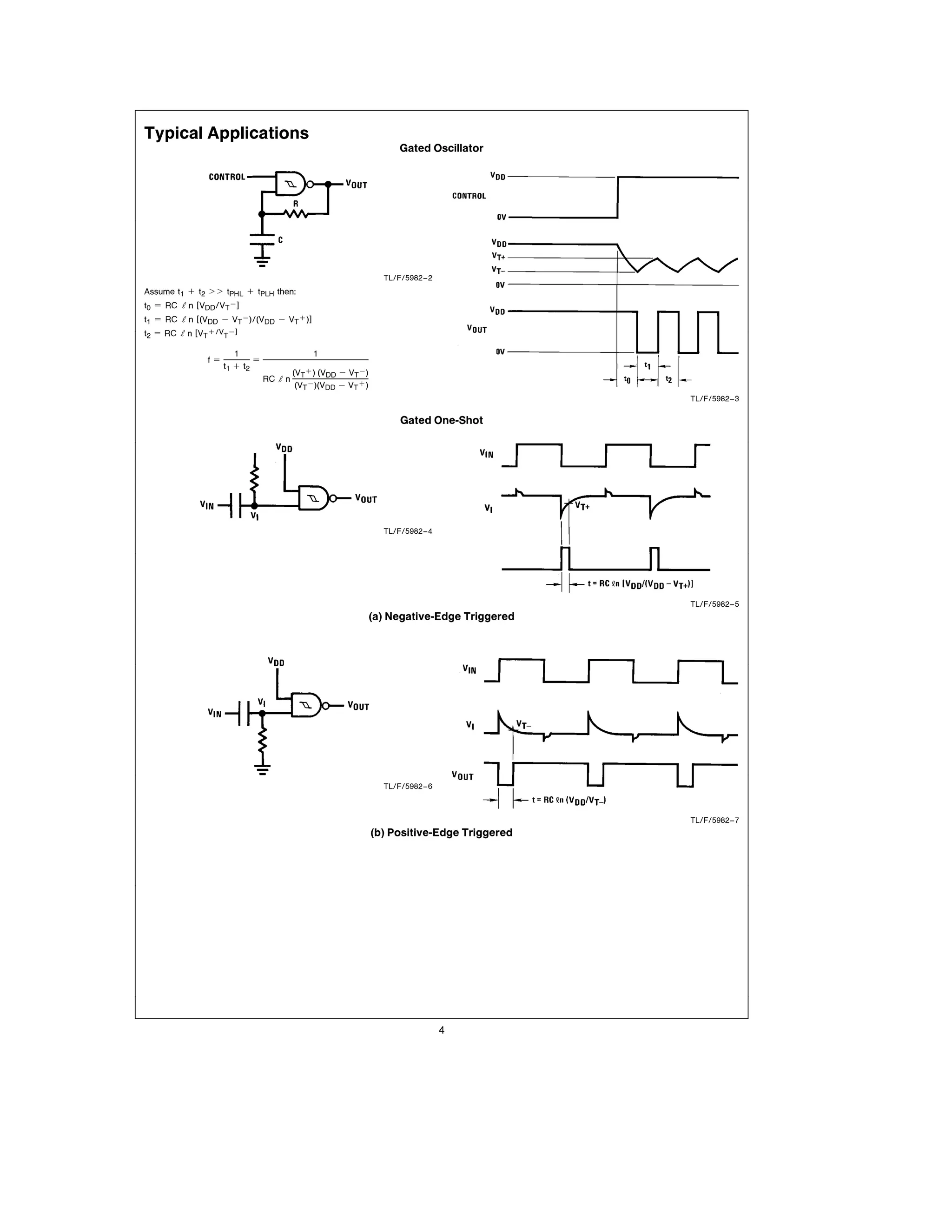 Typical Applications
                                                                 Gated Oscillator




                                                             TL F 5982 – 2
Assume t1 a t2 ll tPHL a tPLH then
t0 e RC ﬁn VDD VTb
t1 e RC ﬁn (VDD b VTb) (VDD b VT a )
t2 e RC ﬁn VT a VTb

                      1                   1
              fe           e
                   t1 a t2
                                     (VT a ) (VDD b VTb)
                               RC ﬁn
                                      (VTb)(VDD b VT a )
                                                                                         TL F 5982 – 3

                                                                 Gated One-Shot




                                                             TL F 5982 – 4




                                                                                         TL F 5982 – 5
                                                           (a) Negative-Edge Triggered




                                                             TL F 5982 – 6



                                                                                         TL F 5982 – 7
                                                           (b) Positive-Edge Triggered




                                                                             4
 
