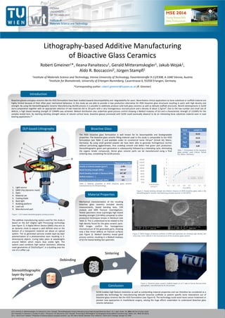 Stereolithographic
layer-by-layer
printing
Debinding
Sintering
Lithography-based Additive Manufacturing
of Bioactive Glass Ceramics
Robert Gmeiner1*, Ileana Panaitescu1, Gerald Mitteramskogler1, Jakub Wojak1,
Aldo R. Boccaccini2, Jürgen Stampfl1
1Institute of Materials Science and Technology, Vienna University of Technology, Favoritenstraße 9-11/E308, A-1040 Vienna, Austria
2Institute for Biomaterials, University of Erlangen-Nuremberg, Cauerstrasse 6, 91058 Erlangen, Germany
*Corresponding author: robert.gmeiner@tuwien.ac.at (R. Gmeiner)
Introduction
1. Light source
2. DMD-chip (dynamic mask)
3. Optic
4. Material vat
5. Coating blade
6. Back light
7. Building platform
8. Load cell
9. Manufactured part
DLP-based Lithography
The additive manufacturing system used for this study is
based on the DLP (Digital Light Processing) technology
(see Figure 1). A Digital Mirror Device (DMD) chip acts as
an dynamic mask to expose a well defined area on the
bottom of a transparent material vat above an optical
system. The so generated pictures enable layer-by-layer
polymerization of a photosensitive resin resulting in 3-
dimensional objects. Curing takes place at wavelengths
around 460nm which means blue visible light. The
system used combines high optical resolution, allowing
voxel geometries of 25x25x25µm3, in a building area the
size of a coffee cup.
[1] R. Gmeiner, G. Mitteramskogler, A.R. Boccaccini, and J. Stampfl, “Stereolithographic Ceramic Manufacturing of High Strength Bioactive Glass”; Int. J. Appl. Ceram. Tec. 2014, DOI:10.1111/ijac.12325
[2] P. Tesavibul, R. Felzmann, S. Gruber, R. Liska, I. Thompson, A.R. Boccaccini, and J. Stampfl, “Processing of 45S5 Bioglass® by lithography-based additive manufacturing,” Mater. Lett., 74 81–84 (2012).
[3] L.L. Hench and T. Kokubo, “Properties of bioactive glasses and glass-ceramics”; pp. 355–363 in Handb. Biomater. Prop. Edited by J. Black and G. Hastings. Springer US, 1998.
Bioactive glasses and glass ceramics like the 45S5 formulation have been studied towards biocompatibility and –degradability for years. Nevertheless clinical applications as bone substitute or scaffold material are
highly limited because of their often poor mechanical behaviour. In this study we are able to provide a new production alternative for 45S5 bioactive glass structures resulting in parts with high density and
strength. By using the Stereolithographic Ceramic Manufacturing (SLCM) process it is possible to additively produce solid bulk glass ceramics as well as delicate scaffold structures. Recent developments in SLCM
slurry preparation together with an appropriate selection of raw materials led to 3D-parts with a very homogeneous microstructure and a density of about 2,7g/cm³. Due to the low number and small size of
defects, a high biaxial bending strength of 124MPa was achieved. Weibull distribution also underlines good process control showing a Weibull modulus of 8.6 and a characteristic strength of 131MPa for the
samples tested here. By reaching bending strength values of natural cortical bone, bioactive glasses processed with SLCM could eventually advance to be an interesting bone substitute material even in load
bearing applications.[1]
0,00
20,00
40,00
60,00
80,00
100,00
120,00
140,00
160,00
Bioactive glass
(Vitryxx®)
Biaxialbendingstrength[MPa]
y = 8,6205x - 42,033
-5
-4
-3
-2
-1
0
1
2
3
4,5 4,6 4,7 4,8 4,9 5 5,1 5,2
lnln(1/1-Pf)
ln(σ) [MPa]
Name [weight %]
SiO2 45,50
CaO 24,25
Na2O 24,25
P2O5 6,00
Table 1: Composition of the ‘bioactive
glass powder’ used (Vitryxx, Schott
AG, Mainz, Germany)
The 45S5 bioactive glass formulation is well known for its biocompatible and biodegradable
properties. The bioactive glass ceramic filling material used in this study is comparable to the 45S5
formulation (see Table 1) and available under its commercial name Vitryxx® (Schott AG, Mainz,
Germany). By using small grained powder we have been able to generate homogenious slurries
without perturbing agglomerates, thus enabling smooth and defect free green part production.
Stereolithographic green part generation is subsequently followed by a debinding cycle, eliminating
the organic binder compounds. Dense glass ceramic parts can be manufactured using a final
sintering step, completing the SLCM process.
Mechanical characterization of the resulting
bioactive glass ceramics included density
measurements, biaxial bending tests, EDX
analysis and SEM fracture inverstigations.
Tested specimens show suprisingly high biaxial
bending strength (124 MPa) compared to other
production techniques known in literature (see
Table 2). This is understood to be related to the
high density found for the glass ceramic parts.
SEM images confirm the homogenious
microstructure of the generated parts, showing
only a few minor defects on fracture surfaces
(see Figure 3). Weibull statistics reveal good
process control, resulting in a Weibull modulus
of 8.6 for biaxial beding test specimen.
SLCM enables high feature resolution as well as outstanding material properties and can therefore be considered as a
possible key technology for manufacturing delicate bioactive scaffolds or patient specific bone restorations out of
bioactive glass ceramics like the 45S5 formulation (see Figure 4). The technology could assist bone cancer treatment or
pioneer new approaches in maxillofacial surgery, valuing the huge efforts undertaken to understand bioactive glass
ceramic behaviour.
Bioactive glass 45S5
Density of sintered samples [g/cm³] 2,701
Biaxial bending strength [MPa] 124 ±17
Biaxial bending strength in literature [MPa] 422, 403
Weibull modulus [ - ] 8.6
Weibull characteristic strength [MPa] 131
Table 2: Material properties of 45S5 bioactive glass ceramic
manufactured by SLCM-technology
Figure 2: Biaxial bending strength and Weibull modulus of 45S5 bioactive glass used in the
stereolithographic ceramic manufacturing process (accord. to ISO 6872)
Figure 3: SEM images of fracture surfaces of 45S5 test specimen are showing high density and
only a few, minor defects in the microstructure of the bioactive glass ceramic
Bioactive Glass
Material Properties
Conclusion
Figure 1: DLP-based stereolithographic printing process
Figure 4: Bioactive glass ceramic scaffold based on µCT data of human femoral bone
(spongiosa), manufactured by SLCM process
 