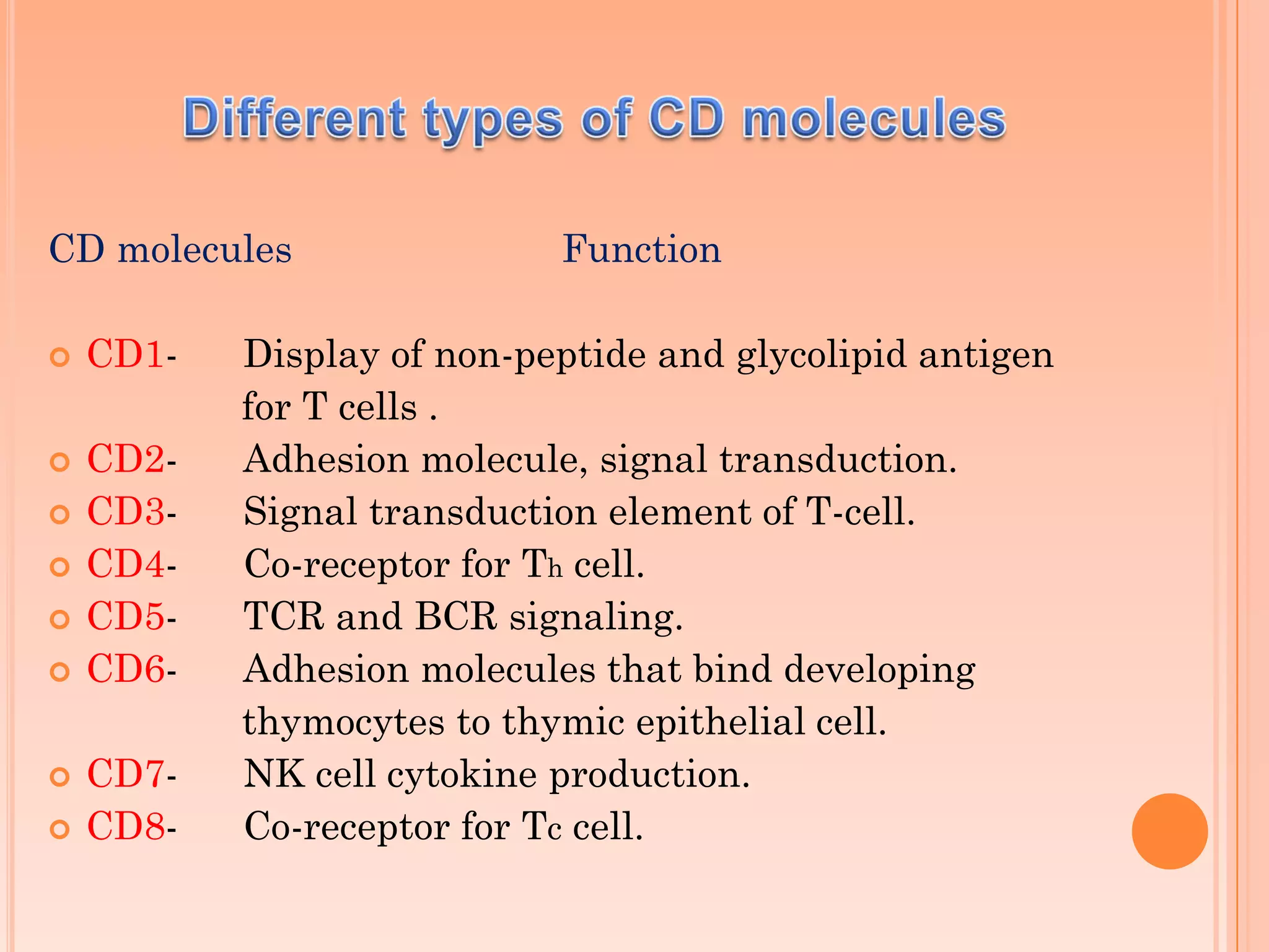 CD molecules Function
 CD1- Display of non-peptide and glycolipid antigen
for T cells .
 CD2- Adhesion molecule, signal transduction.
 CD3- Signal transduction element of T-cell.
 CD4- Co-receptor for Th cell.
 CD5- TCR and BCR signaling.
 CD6- Adhesion molecules that bind developing
thymocytes to thymic epithelial cell.
 CD7- NK cell cytokine production.
 CD8- Co-receptor for Tc cell.
 