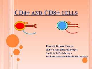 CD4+ AND CD8+ CELLS
Ranjeet Kumar Taram
M.Sc. I sem.(Microbiology)
S.o.S. in Life Sciences
Pt. Ravishankar Shukla University
 