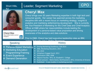 1TITLE OF PRESENTATION (EDIT USING: INSERT MENU > HEADER AND FOOTER)
Leader, Segment Marketing
Cheryl brings over 20 years Marketing expertise in both high tech and
consumer goods. Her career has spanned across the marketing
discipline with with a recent focus on marketing strategy, insights &
analytics and markteing skills/training development. She is currently
the Vice President of Marketing for the Chief Data and Chief Analytics
Officer at D&B where her responsibilities include leading the
development of a persona-based value proposition and driving
awareness of the analytics and data solutions
Prior to D&B, Cheryl has held executive leadership roles as IBM,
Juniper Networks and J. Walter Thompson.
Cheryl Max
|
 Driving Marketing Excellence, CEB 2014
 ANA, Marketing Education, 2015
 SES, 2010
 Unisphere Engage Event, 2011
 Destination CRM, 2008
 Adjunct Faculty: NYU, St. Elizabeth’s College
 Guest Lecturer: Notre Dame, Northwestern, NYU, University of Arizona
 Published: 3 case studies in marketing journals
Speaking
Topics
History
Cheryl Max
https://www.linkedin.com/in/c
herylgmax
 Persona Based Marketing
 Marketing Education
Programming/Training
 Event Experience
 Demand Generation
Short Hills,
NJ
CPO
 