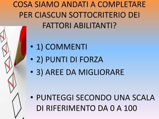 COSA SIAMO ANDATI A COMPLETARE
PER CIASCUN SOTTOCRITERIO DEI
FATTORI ABILITANTI?
• 1) COMMENTI
• 2) PUNTI DI FORZA
• 3) AREE DA MIGLIORARE
• PUNTEGGI SECONDO UNA SCALA
DI RIFERIMENTO DA 0 A 100
 