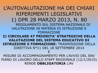L’AUTOVALUTAZIONE HA DEI CHIARI
RIFERIMENTI LEGISLATIVI
1) DPR 28 MARZO 2013, N. 80
REGOLAMENTO SUL SISTEMA NAZIONALE DI
VALUTAZIONE IN MATERIA DI ISTRUZIONE E
FORMAZIONE
2) CIRCOLARE 47 PRIORITA’ STRATEGICHE DELLA
VALUTAZIONE DEL SISTEMA EDUCATIVO DI
ISTRUZIONE E FORMAZIONE: TRASMISSIONE DELLA
DIRETTIVA N°11 DEL 18 SETTEMBRE 2014
E
MISURE DI ACCOMPAGNAMENTO PER L’AVVIO DEL SNV
PIANO DI LAVORO DELLO STAFF REGIONALE (12/1/2015)
RENDE OBBLIGATORIA L’AV
 