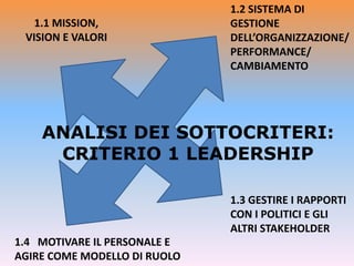 ANALISI DEI SOTTOCRITERI:
CRITERIO 1 LEADERSHIP
1.1 MISSION,
VISION E VALORI
1.2 SISTEMA DI
GESTIONE
DELL’ORGANIZZAZIONE/
PERFORMANCE/
CAMBIAMENTO
1.3 GESTIRE I RAPPORTI
CON I POLITICI E GLI
ALTRI STAKEHOLDER
1.4 MOTIVARE IL PERSONALE E
AGIRE COME MODELLO DI RUOLO
 