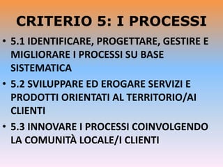 CRITERIO 5: I PROCESSI
• 5.1 IDENTIFICARE, PROGETTARE, GESTIRE E
MIGLIORARE I PROCESSI SU BASE
SISTEMATICA
• 5.2 SVILUPPARE ED EROGARE SERVIZI E
PRODOTTI ORIENTATI AL TERRITORIO/AI
CLIENTI
• 5.3 INNOVARE I PROCESSI COINVOLGENDO
LA COMUNITÀ LOCALE/I CLIENTI
 
