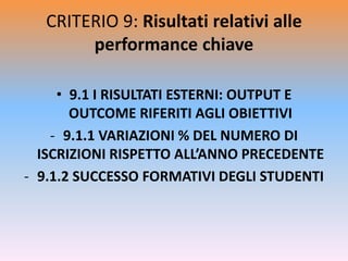 CRITERIO 9: Risultati relativi alle
performance chiave
• 9.1 I RISULTATI ESTERNI: OUTPUT E
OUTCOME RIFERITI AGLI OBIETTIVI
- 9.1.1 VARIAZIONI % DEL NUMERO DI
ISCRIZIONI RISPETTO ALL’ANNO PRECEDENTE
- 9.1.2 SUCCESSO FORMATIVI DEGLI STUDENTI
 
