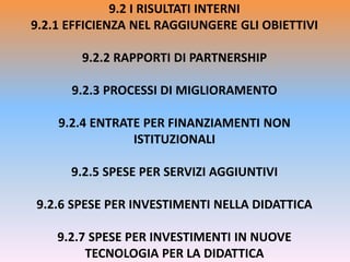 9.2 I RISULTATI INTERNI
9.2.1 EFFICIENZA NEL RAGGIUNGERE GLI OBIETTIVI
9.2.2 RAPPORTI DI PARTNERSHIP
9.2.3 PROCESSI DI MIGLIORAMENTO
9.2.4 ENTRATE PER FINANZIAMENTI NON
ISTITUZIONALI
9.2.5 SPESE PER SERVIZI AGGIUNTIVI
9.2.6 SPESE PER INVESTIMENTI NELLA DIDATTICA
9.2.7 SPESE PER INVESTIMENTI IN NUOVE
TECNOLOGIA PER LA DIDATTICA
 