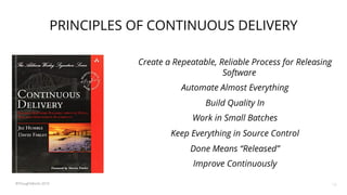 ©ThoughtWorks 2019
PRINCIPLES OF CONTINUOUS DELIVERY
13
Create a Repeatable, Reliable Process for Releasing
Software
Automate Almost Everything
Build Quality In
Work in Small Batches
Keep Everything in Source Control
Done Means “Released”
Improve Continuously
 