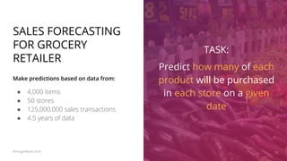 SALES FORECASTING
FOR GROCERY
RETAILER
● 4,000 items
● 50 stores
● 125,000,000 sales transactions
● 4.5 years of data
Make predictions based on data from:
25
TASK:
Predict how many of each
product will be purchased
in each store on a given
date
©ThoughtWorks 2019
 