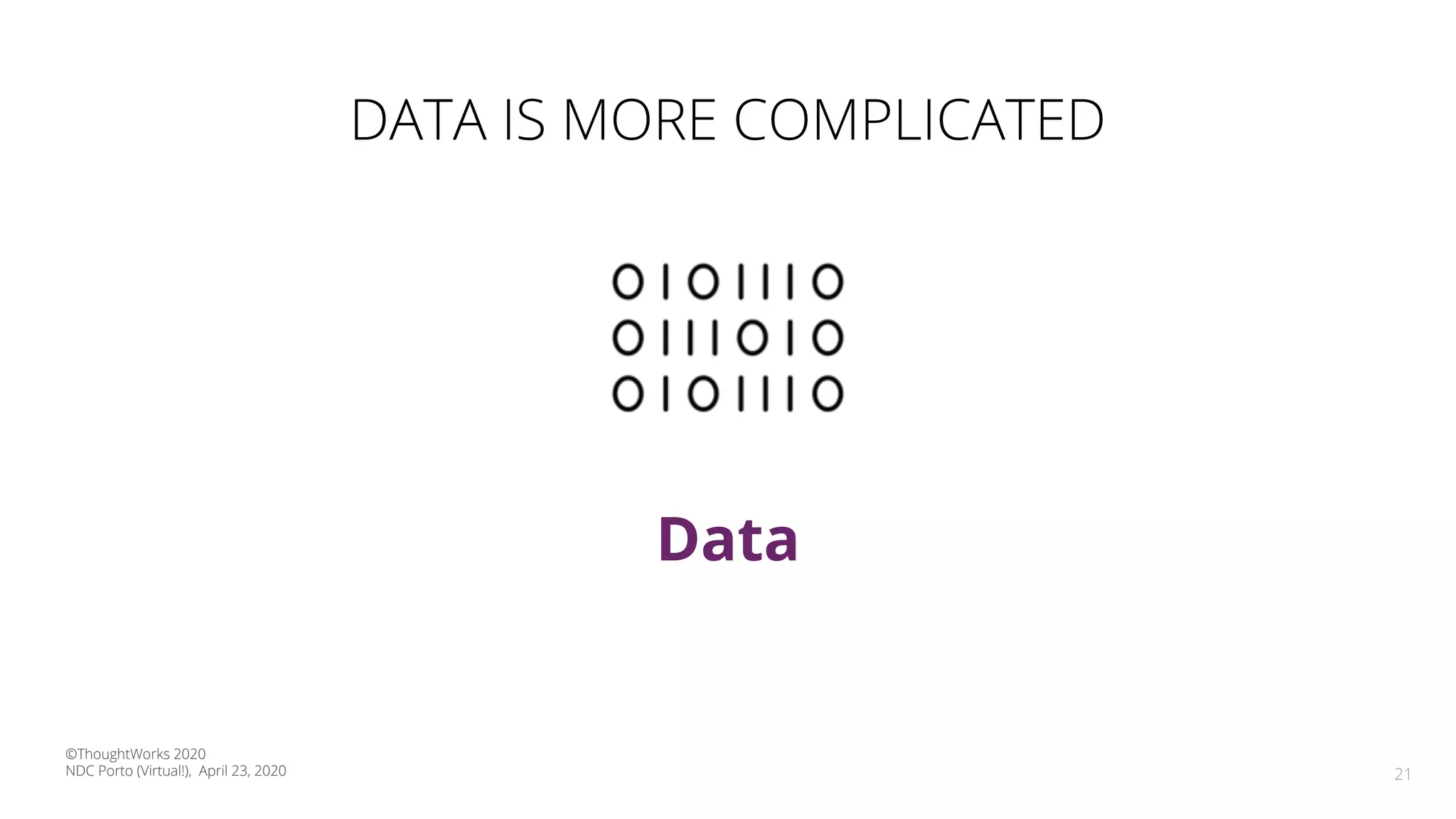 21
Data
DATA IS MORE COMPLICATED
©ThoughtWorks 2020
NDC Porto (Virtual!), April 23, 2020
 