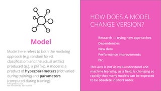 20
Model
Model here refers to both the modeling
approach (e.g. random forest
classiﬁcation) and the actual artifact
produced (e.g. a pkl ﬁle). A model is a
product of hyperparameters (not varied
during training) and parameters
(computed during training).
HOW DOES A MODEL
CHANGE VERSION?
Research — trying new approaches
Dependencies
New data
Performance improvements
Etc.
This axis is not as well-understood and
machine learning, as a ﬁeld, is changing so
rapidly that many models can be expected
to be obsolete in short order.
©ThoughtWorks 2020
NDC Porto (Virtual!), April 23, 2020
 