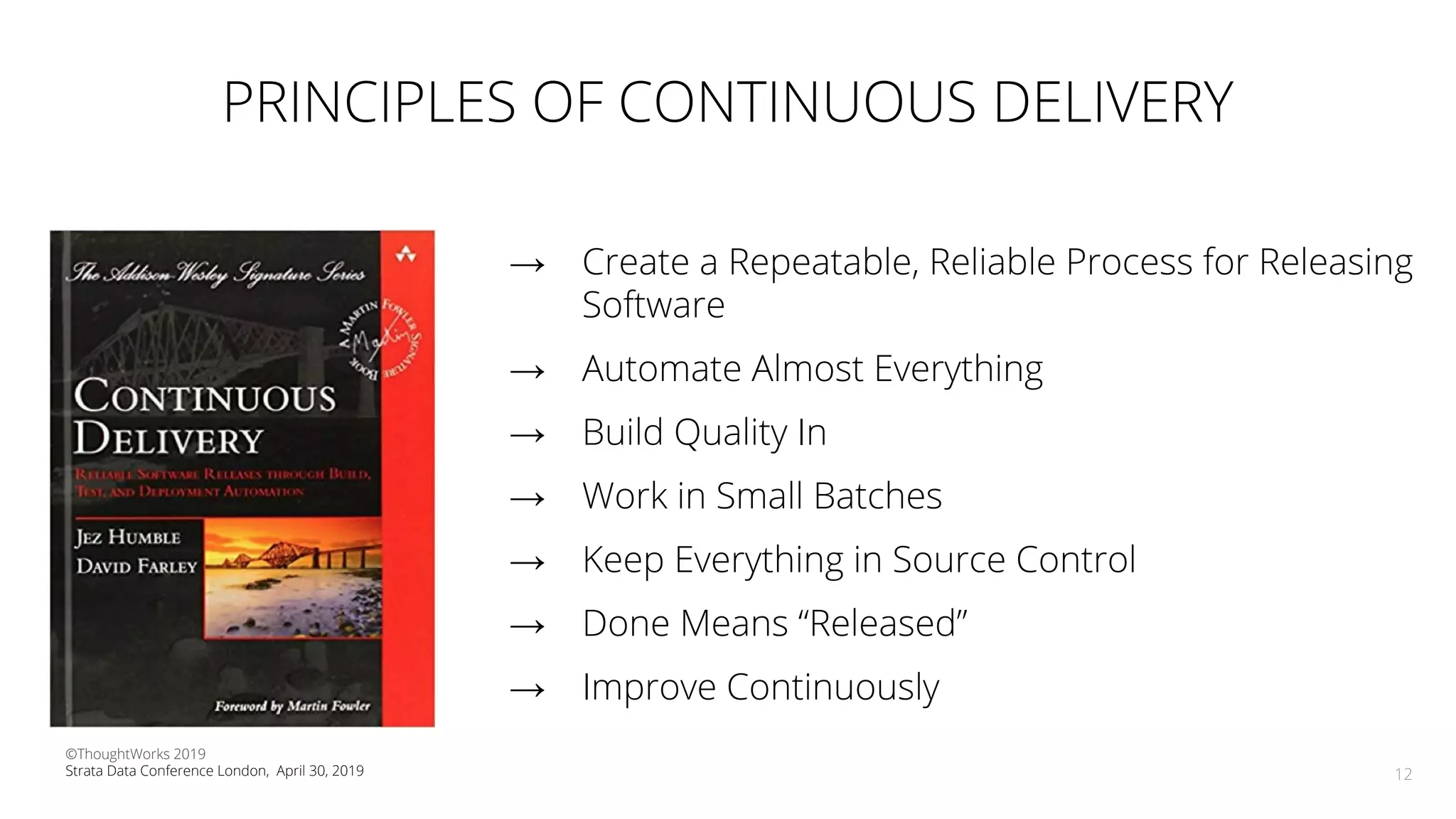 ©ThoughtWorks 2019
Strata Data Conference London, April 30, 2019
PRINCIPLES OF CONTINUOUS DELIVERY
12
→ Create a Repeatable, Reliable Process for Releasing
Software
→ Automate Almost Everything
→ Build Quality In
→ Work in Small Batches
→ Keep Everything in Source Control
→ Done Means “Released”
→ Improve Continuously
 