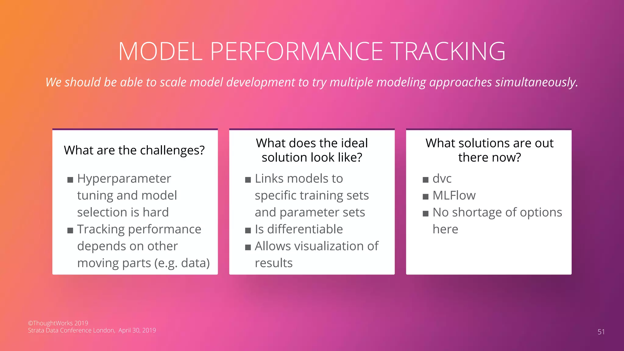 MODEL PERFORMANCE TRACKING
We should be able to scale model development to try multiple modeling approaches simultaneously.
■ Hyperparameter
tuning and model
selection is hard
■ Tracking performance
depends on other
moving parts (e.g. data)
What are the challenges?
51
■ Links models to
speciﬁc training sets
and parameter sets
■ Is diﬀerentiable
■ Allows visualization of
results
What does the ideal
solution look like?
■ dvc
■ MLFlow
■ No shortage of options
here
What solutions are out
there now?
©ThoughtWorks 2019
Strata Data Conference London, April 30, 2019
 