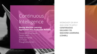 1
Continuous
Intelligence
Moving Machine Learning
Application into Production Reliably
Christoph Windheuser
Danilo Sato
Emily Gorcenski
Arif Wider
ThoughtWorks Inc.
WORKSHOP ON WHY
AND HOW TO APPLY
CONTINUOUS
DELIVERY TO
MACHINE LEARNING
(CD4ML)
©ThoughtWorks 2019
Strata Data Conference London, April 30, 2019
 