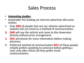Sales Process
• Interesting studies:
• Autotrader the leading car internet advertiser did some
studies
1. Only 30% of people that see our vehicles advertised on
website will use email as a method of communication.
2. 54% will see the vehicle and come to the showroom
directly without prior arrangement.
3. 28% will phone for more information before making
decisions
4. Preferred method of communication 80% of these people
initially prefers speaking to someone before getting a
mail, only after initial call they prefer email
communication.
 