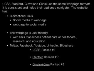 • UCSF Ranked #8
• Stanford Ranked #15
• Cliveland Clinic Ranked #5
UCSF, Stanford, Cleveland Clinic use the same webpage format!
It is consistent and helps their audience navigate. The website
has:
• Bidirectional links.
• Social media to webpage
• webpage to social media
• The webpage is user friendly
• with links that access patient care or healthcare ,
research, and education
• Twitter, Facebook, Youtube, LinkedIn, Slideshare
 