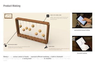 Product Making
personalised amount setting
Accurate tracking
Weeky+- uses various colours of beads to represent different weekdays, a bulid-in bluetooth to connect
to user's mobile banking and a saving bead which helps users to visualise how much money they have
saved.
 