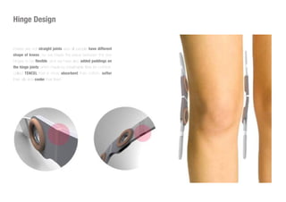 Hinge Design
Knees are not straight joints and all people have different
shape of knees, so we made the piece between the two
hinges to be flexible, and we have also added paddings on
the hinge joints which made by breathable fiber for comfort.
called TENCEL that is more absorbent than cotton, softer
than silk and cooler than linen.
 