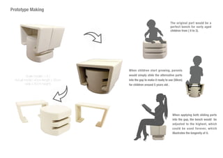Prototype Making
Scale model ( 1:5 )
Actual model ( 40cm length x 35cm
wide x 30cm height)
The original part would be a
perfect bench for early aged
children from ( 0 to 3).
When children start growing, parents
would simply slide the alternative parts
into the gap to make it ready to use (50cm)
for children around 5 years old .
When applying both sliding parts
into the gap, the bench would be
adjusted to the highest, which
could be used forever, which
illustrates the longevity of it.
 