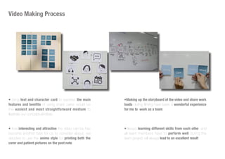 Video Making Process
•Using text and character card to express the main
features and benifits of using share cares would be
the easiest and most straightforward medium to
illustrate our conceptual ideas.
•How interesting and attractive the video can be has
become another task for us to consider about, we
decided to use the anime style for printing both the
carer and patient pictures on the post note.
•Making up the storyboard of the video and share work
loads during filming have been a wonderful experience
for me to work as a team.
•Always learning different skills from each other and
all team members have to perform well during the
team project will always lead to an excellent result.
 