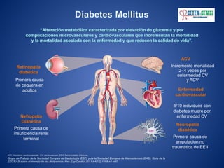 ACV: Accidente cerebrovascular. CV: cardiovascular. EEII: Extremidades inferiores.
Grupo de Trabajo de la Sociedad Europea de Cardiología (ESC) y de la Sociedad Europea de Aterosclerosis (EAS). Guía de la
ESC/EAS sobre el manejo de las dislipemias. Rev Esp Cardiol 2011;64(12):1168.e1-e60.
Retinopatía
diabética
Primera causa
de ceguera en
adultos
Nefropatía
Diabética
Primera causa de
insuficiencia renal
terminal
Enfermedad
cardiovascular
ACV
Incremento mortalidad
2- 4 veces por
enfermedad CV
y ACV
Neuropatía
diabética
Primera causa de
amputación no
traumática de EEII
8/10 individuos con
diabetes muere por
enfermedad CV
 