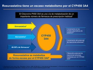 Rosuvastatina tiene un escaso metabolismo por el CYP450 3A4
Simvastatina2
Atorvastatina3
40-50% de fármacos1
CYP450
3A4
Rosuvastatina se metaboliza
de forma escasa por el CYP450 3A44
 Incremento en los
niveles plasmáticos de
estatina2,3
 Incremento del potencial
de reacciones adversas5
 Reducido potencial de
reacciones adversas
mediadas por el CYP450
3A44
1. Thummel K.E. et al. Annu. Rev. Pharmacol. Toxicol. 1998. 38:389-430. 2. Ficha técnica de Simvastatina. 3. Ficha técnica de Atorvastatina. 4. Mc Taggart F. Am J
Cardiol 2001;87(suppl):28B-32B. 5. Cziraky M, et al. Am J Cardiol 2006;97[suppl]:61C-68C.
El Citocromo P450 3A4 es una vía de metabolización de un
importante número de fármacos de prescripción habitual1
 
