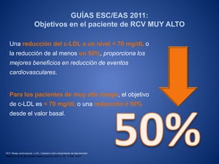 Una reducción del c-LDL a un nivel < 70 mg/dL o
la reducción de al menos un 50%, proporciona los
mejores beneficios en reducción de eventos
cardiovasculares.
Para los pacientes de muy alto riesgo, el objetivo
de c-LDL es < 70 mg/dL o una reducción ≥ 50%
desde el valor basal.
RCV: Riesgo cardiovascular. c-LDL: Colesterol unido a lipoproteínas de baja densidad.
Reiner Z et al. European Heart Journal (2011) 32, 1769–1818.
GUÍAS ESC/EAS 2011:
Objetivos en el paciente de RCV MUY ALTO
 