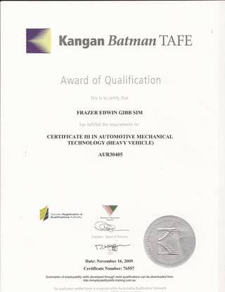 Frazer skills test award of qualification