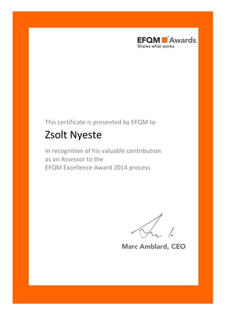 This certificate is presented by EFQM to
Zsolt Nyeste
in recognition of his valuable contribution
as an Assessor to the
EFQM Excellence Award 2014 process
 