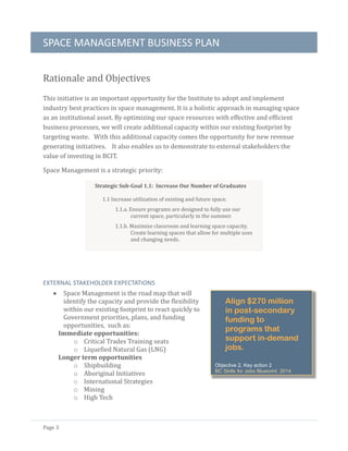 SPACE MANAGEMENT BUSINESS PLAN
Page 3
Rationale and Objectives
This initiative is an important opportunity for the Institute to adopt and implement
industry best practices in space management. It is a holistic approach in managing space
as an institutional asset. By optimizing our space resources with effective and efficient
business processes, we will create additional capacity within our existing footprint by
targeting waste. With this additional capacity comes the opportunity for new revenue
generating initiatives. It also enables us to demonstrate to external stakeholders the
value of investing in BCIT.
Space Management is a strategic priority:
EXTERNAL STAKEHOLDER EXPECTATIONS
• Space Management is the road map that will
identify the capacity and provide the flexibility
within our existing footprint to react quickly to
Government priorities, plans, and funding
opportunities, such as:
Immediate opportunities:
o Critical Trades Training seats
o Liquefied Natural Gas (LNG)
Longer term opportunities
o Shipbuilding
o Aboriginal Initiatives
o International Strategies
o Mining
o High Tech
Align $270 million
in post-secondary
funding to
programs that
support in-demand
jobs.
Objective 2, Key action 2
BC Skills for Jobs Blueprint, 2014
Strategic Sub-Goal 1.1: Increase Our Number of Graduates
1.1 Increase utilization of existing and future space.
1.1.a. Ensure programs are designed to fully use our
current space, particularly in the summer.
1.1.b. Maximize classroom and learning space capacity.
Create learning spaces that allow for multiple uses
and changing needs.
 