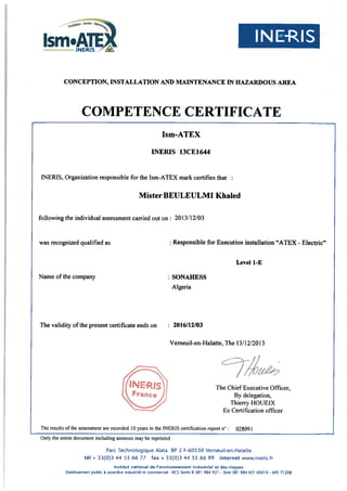 Certificate _ Ism-ATEX (INERIS)  _ BENLEULMI Khaled