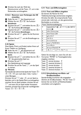 5 Drücken Sie nach der Wahl der                   5.11 Text- und Zifferneingaben
     Dienstnummer auf die Taste e, um in den
     Ruhemodus zurückzugehen.                     5.11.1 Text und Ziffern eingeben
                                                  Sie können die Namen für Ihre
5.9.6.2 Nummer zum Verbergen der ID               Telefonbucheinträge zeichenweise eingeben.
         einstellen                               Drücken Sie dafür die entsprechende Taste
1 Rufen Sie mit < das Hauptmenü auf.              einmal oder mehrmals, um den gewünschten
2 Wählen Sie mit u/d die Funktion                 Buchstaben zu erreichen.
    Netzdienste.
                                                   Taste Zeichensatzbelegung
3 Drücken Sie auf < und wählen Sie mit u/
    d die Funktion ID verbergen.                   1      Leerschritt 1 @ _ # = < > ( ) & £ $ ¥ €
4 Drücken Sie auf < und wählen Sie mit u/                 []{}
    d die Funktion Einstellungen.                  2      abc2àäçåæ
5 Drücken Sie auf <, geben Sie die Nummer          3      def3éè∆Φ
    ein.                                           4      ghi4ìΓ
6 Drücken Sie auf <, um die Einstellungen zu       5      jkl5Λ
    speichern.                                     6      mno6ñòö
                                                   7      pqrs7βΠΘΣ
5.10 Spiele
                                                   8      tuv8ùü
Zwei Spiele (Tetris und Snake) stehen Ihnen auf
Ihrem Telefon zur Verfügung.                       9      wxyz9øΩΞΨ
1 Rufen Sie mit < das Hauptmenü auf.               0      .0,/:;"'!¡?*+-%^~|
2 Wählen Sie mit u/d die Funktion
    Spiele.                                       Gehen Sie wie folgt vor, wenn Sie z.B. den
3 Drücken Sie auf < und wählen Sie mit u/         Vornamen “PETER” im Texteingabemodus
    d das gewünschte Spiel aus.                   eingeben möchten:
4 Drücken Sie auf <.                              Taste 7 einmal drücken: P
• Eine Spielanleitung wird angezeigt.             Taste 3 zweimal drücken: E
5 Drücken Sie auf die Taste <, um das Spiel       Taste 8 einmal drücken: T
    zu starten.                                   Taste 3 zweimal drücken: E
    Hinweis                                       Taste 7 dreimal drücken: R
Verwenden Sie während des Spiels die Tasten 2/
4 / 6 / 8 zum nach oben / links / rechts /        5.11.2 Umschaltung von Klein- auf
unten Bewegen.                                           Großbuchstaben
Drücken Sie auf > oder e, um ein Spiel zu         Standardmäßig erscheinen alle eingegeben
beenden und in das Spiele-Menü zurückzugehen;     Zeichen als Großbuchstaben. Mit der Taste #
möchten Sie ein Spiel anhalten, drücken Sie auf   können Sie von Groß- auf Kleinbuchstaben
< und wenn Sie ein Spiel wieder fortsetzen        umschalten und umgekehrt.
möchten, drücken Sie auf eine der nachfolgenden
Tasten: 2 / 4 / 6 / 8.




34                                                                     Weitere Funktionen Ihres Telefons
 
