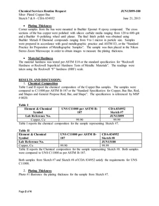 Chemical Services Routine Request JUN13099-100
Silver Plated Copper Bus
Sketch 7 & 8 - CDA-834952 June 21, 2013
Page 2 of 4
 Plating Thickness
Corner samples from the bus were mounted in Buehler Epomet ® epoxy compound. The cross
sections of the bus copper were polished with silicon carbide media ranging from 120 to 600-grit
and a Buehler ®-polishing wheel until planar. The final finish polish was obtained using
Buehler Metadi ® Diamond compounds ranging from 9 to 1 micron in particle size. Samples
were prepared in accordance with good metallographic practice and ASTM E3, or the “Standard
Practice for Preparation of Metallographic Samples”. The sample was then placed in the Nikon
Stereo Zoom Microscope in order to obtain images to measure the plating thickness.
 Material Hardness
The material hardness was tested per ASTM E18 or the standard specification for “Rockwell
Hardness or Rockwell Superficial Hardness Tests of Metallic Materials”. The readings were
taken using the Rockwell “F” hardness (HRF) scale.
RESULTS AND DISCUSSION:
1. Chemical Composition
Table I and II report the chemical composition of the Copper Bus samples. The samples were
compared to C11000 per ASTM B-187 or the “Standard Specification for Copper, Bus Bar, Rod,
and Shapes and General Propose Rod, Bar, and Shape”. The specification is referenced by MSP
# 0020.
Table I
Element & Chemical
Symbol
UNS C11000 per ASTM B-
187
CDA-834952
Sketch #7
Lab Reference No. JUN13099
Copper, Cu 99.90 99.99
Table I reports the chemical composition for the sample representing Sketch #7.
Table II
Element & Chemical
Symbol
UNS C11000 per ASTM B-
187
CDA-834952
Sketch #8
Lab Reference No. JUN13100
Copper, Cu 99.90 99.99
Table II reports the Chemical composition for the sample representing Sketch #8. Both samples
were compared to UNS C11000 as per ASTM B-187.
Both samples from Sketch #7 and Sketch #8 of CDA 834952 satisfy the requirements for UNS
C11000.
2. Plating Thickness
Photo #1 illustrates the plating thickness for the sample from Sketch #7.
 