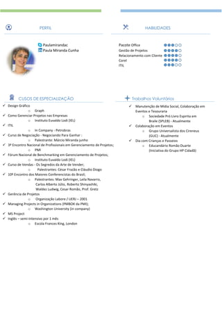 PERFIL HABILIDADES
Paulamirandac Pacote Office
Paula Miranda Cunha Gestão de Projetos
Relacionamento com Cliente
Corel
ITIL
CUSOS DE ESPECIALIZAÇÃO Trabalhos Voluntários
 Design Gráfico
o Graph
 Como Gerenciar Projetos nas Empresas
o Instituto Euvaldo Lodi (IEL)
 ITIL
o In Company - Petrobras
 Curso de Negociação - Negociando Para Ganhar :
o Palestrante: Márcio Miranda junho
 3º Encontro Nacional de Profissionais em Gerenciamento de Projetos;
o PMI
 Fórum Nacional de Benchmarking em Gerenciamento de Projetos;
o Instituto Euvaldo Lodi (IEL)
 Curso de Vendas - Os Segredos da Arte de Vender;
o Palestrantes: César Frazão e Cláudio Diogo
 10º Encontro dos Maiores Conferencistas do Brasil;
o Palestrantes: Max Gehringer, Leila Navarro,
Carlos Alberto Júlio, Roberto Shinyashiki,
Waldez Ludwig, Cesar Romão, Prof. Gretz
 Gerência de Projetos
o Organização Labore / UERJ – 2001
 Managing Projects in Organizations (PMBOK da PMI);
o Washington University (in company)
 MS Project
 Inglês – semi-intensivo por 1 mês
o Escola Frances King, London
 Manutenção de Mídia Social, Colaboração em
Eventos e Tesouraria
o Sociedade Pró Livro Espirita em
Braile (SPLEB) - Atualmente
 Colaboração em Eventos
o Grupo Universalista dos Cireneus
(GUC) - Atualmente
 Dia com Crianças e Passeios
o Educandário Romão Duarte
(Iniciativa do Grupo HP Cidadã)
 