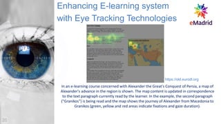 In an e-learning course concerned with Alexander the Great's Conquest of Persia, a map of
Alexander's advance in the region is shown. The map content is updated in correspondence
to the text paragraph currently read by the learner. In the example, the second paragraph
("Granikos") is being read and the map shows the journey of Alexander from Macedonia to
Granikos (green, yellow and red areas indicate fixations and gaze duration).
Enhancing E-learning system
with Eye Tracking Technologies
20
https://old.eurodl.org
 