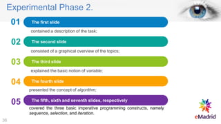 Experimental Phase 2.
01
contained a description of the task;
The first slide
02
consisted of a graphical overview of the topics;
The second slide
03
explained the basic notion of variable;
The third slide
04
presented the concept of algorithm;
The fourth slide
covered the three basic imperative programming constructs, namely
sequence, selection, and iteration.
The fifth, sixth and seventh slides, respectively
05
36
 