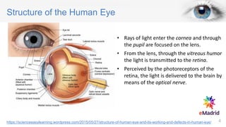 Structure of the Human Eye
https://scienceeasylearning.wordpress.com/2015/05/27/structure-of-human-eye-and-its-working-and-defects-in-human-eye/
• Rays of light enter the cornea and through
the pupil are focused on the lens.
• From the lens, through the vitreous humor
the light is transmitted to the retina.
• Perceived by the photoreceptors of the
retina, the light is delivered to the brain by
means of the optical nerve.
4
 