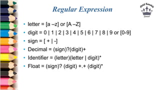 Regular Expression
• letter = [a –z] or [A –Z]
• digit = 0 | 1 | 2 | 3 | 4 | 5 | 6 | 7 | 8 | 9 or [0-9]
• sign = [ + | -]
...