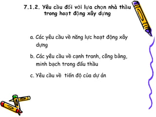 7.1.2. Yêu cầ u đố i vớ i lự a chọ n nhà thầ u
trong hoạ t độ ng xây dự ng

a. Các yêu cầu về năng lực hoạt động xây
dựng
b. Các yêu cầu về cạnh tranh, công bằng,
minh bạch trong đấu thầu
c. Yêu cầu về tiến độ của dự án

 