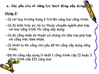 a. Các yêu cầ u về năng lự c hoạ t độ ng xây dự ng(1.5)
Hạ ng 2:
- Có chỉ huy trưởng hạng 2 trở lên cùng loại công trình;
- Có đủ kiến trúc sư, kỹ sư thuộc chuyên ngành phù hợp
với loại công trình thi công xây dựng;
- Có đủ công nhân kỹ thuật có chứng chỉ đào tạo phù h ợp
với công việc đảm nhận;
- Có thiết bị thi công chủ yếu để thi công xây dựng công
trình;
- Đã thi công xây dựng ít nhất 1 công trình cấp II hoặc 2
công trình cấp III cùng loại.

 