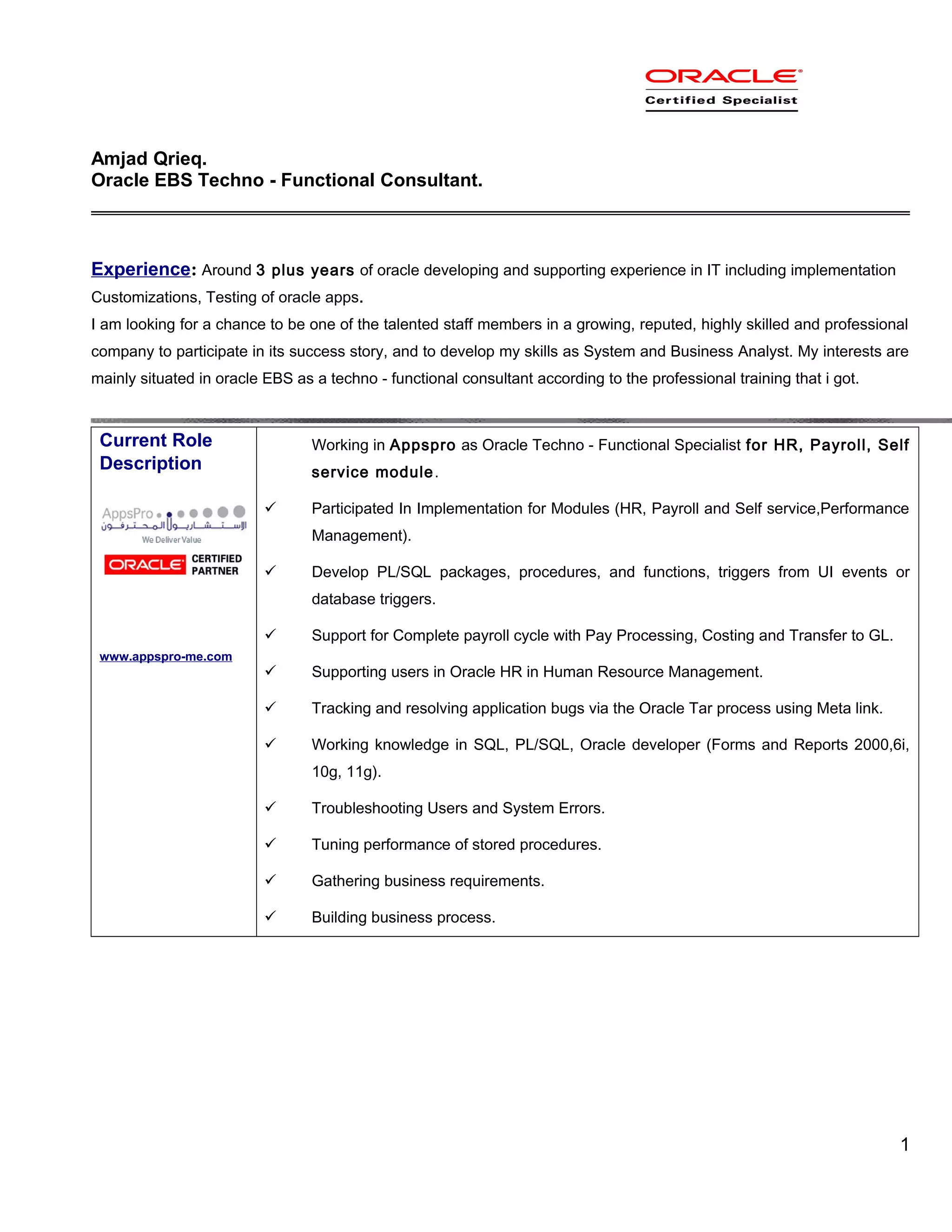 Amjad Qrieq _Oracle EBS Techno Functional Consultant - CV | DOC